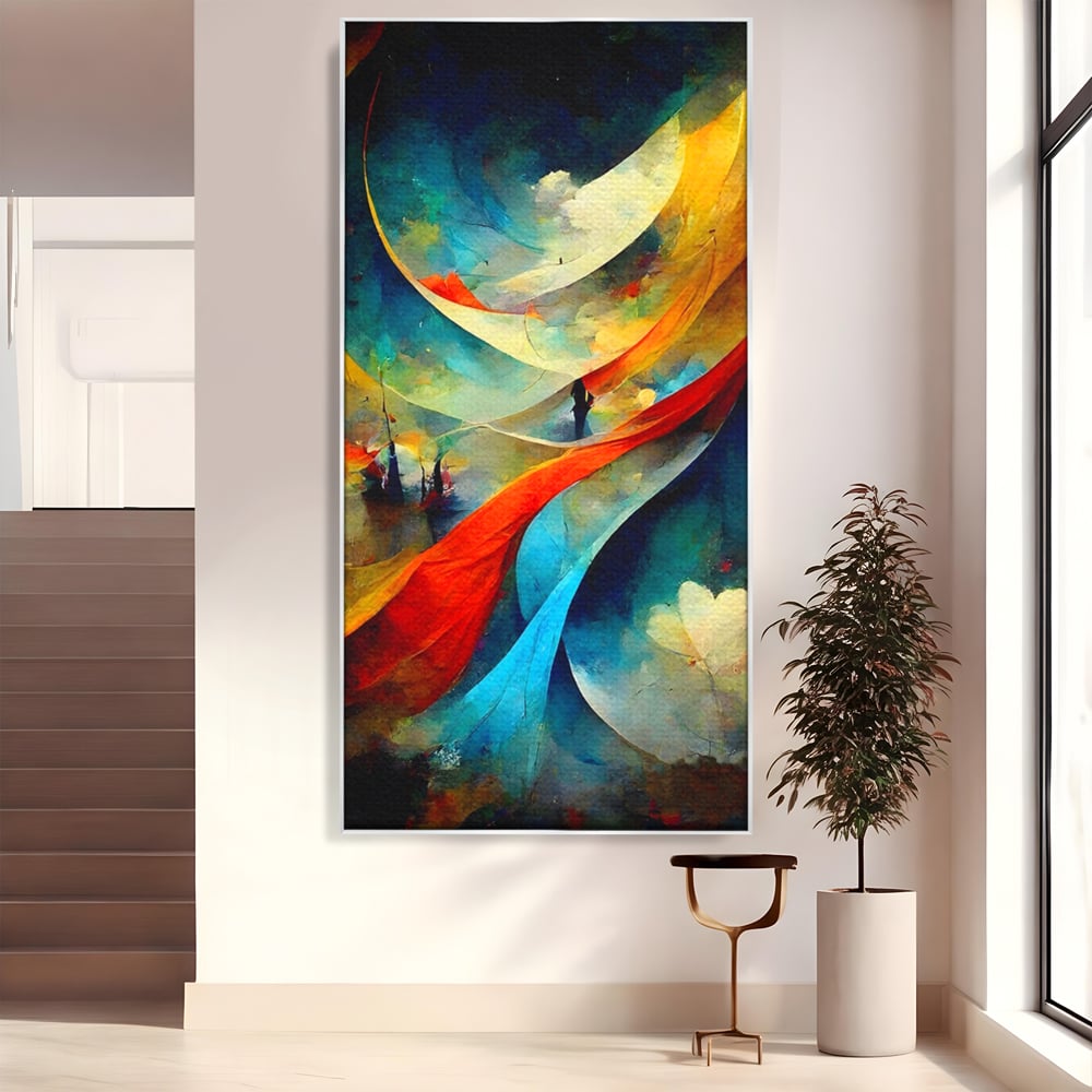 Tablou canvas cu pictura abstracta cu valuri colorate, in rama de aluminiu argintiu